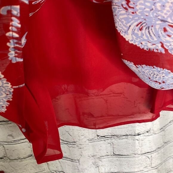 Tommy Hilfiger Pintuck Floral 3/4 Sleeve Chiffon Split Neck Blouse Red 1X - Picture 8 of 13